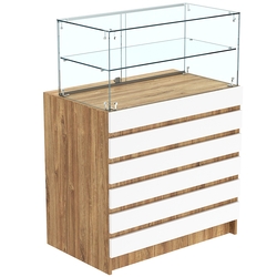 Торговый прилавок со стеклянной надставкой и фасадными панелями №1Э-01, Дуб Канзас коричневый + Белый