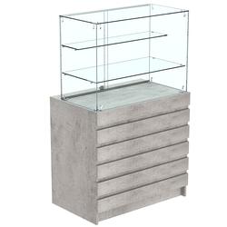Торговый прилавок с двумя стеклянными полками и фасадными панелями №1Э-02, Бетон Чикаго светло-серый F186 ST9