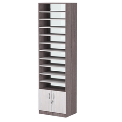 Стеллаж из ДСП с 10-ю полками 400x600 мм серии LEVEL-10 №7-1 (З/C - СТЕКЛО), Ясень Анкор темный + Ясень Анкор светлый