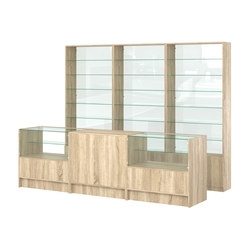 Комплект стеллажей со стеклянными полками U-6 №12-1 и прилавков ЭК-03, Дуб сонома