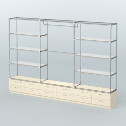 Торговая система ХРОМ без ДСП 3600 мм с тумбами Т14, зеркальными полками и поручнями №1, Крем Вайс