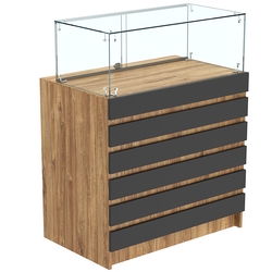 Торговый прилавок с прозрачным колпаком и фасадными панелями №1Э-14, Дуб Канзас коричневый + Черный