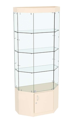 Стеклянная витрина Истра Трапеция с тремя полками и подсветкой №801, Крем Вайс