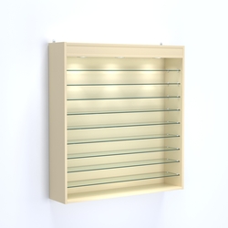 Витрина настенная №204-7Г открытая с фризом и девятью полками из стекла, Крем Вайс